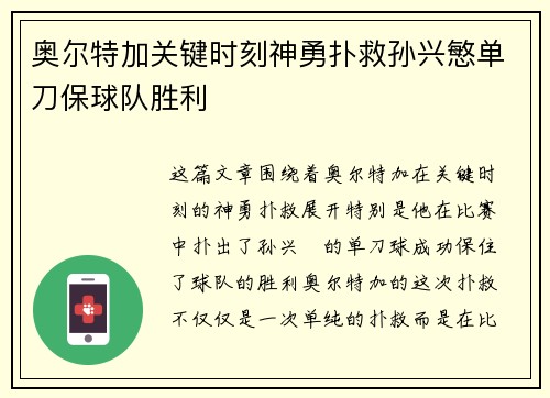 奥尔特加关键时刻神勇扑救孙兴慜单刀保球队胜利